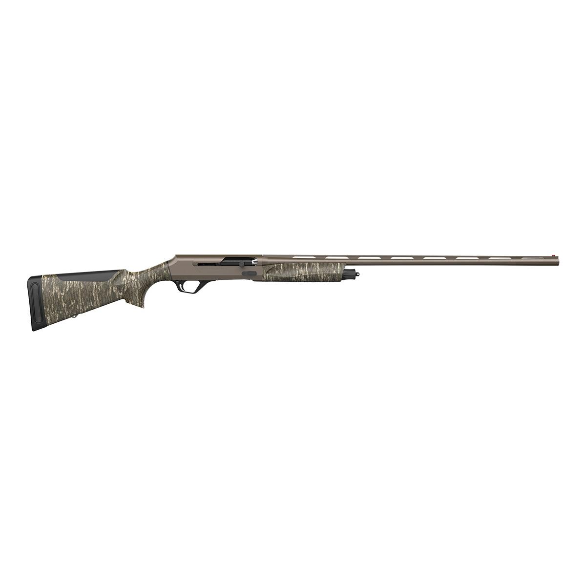 Camouflage semi-automatic shotgun on white background