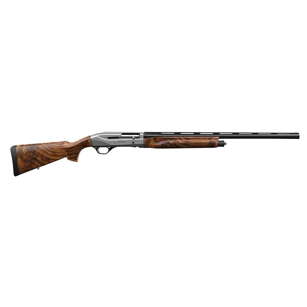 Semi-automatic shotgun with wooden stock on white