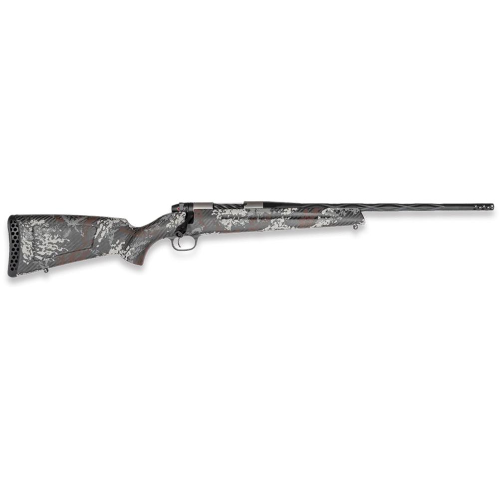 Camouflage bolt-action hunting rifle on white background