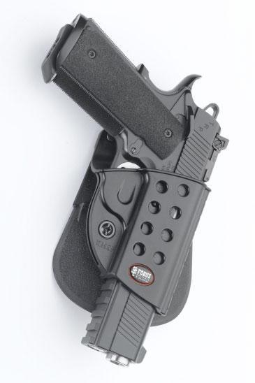 Black semi-automatic handgun in holster