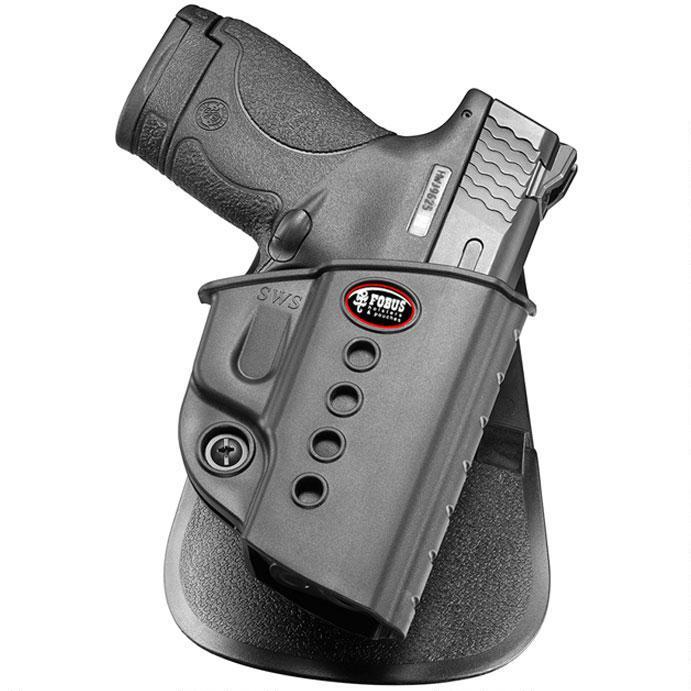 Handgun in black polymer holster on display stand