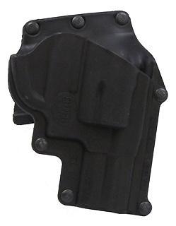 Black polymer handgun holster on white background