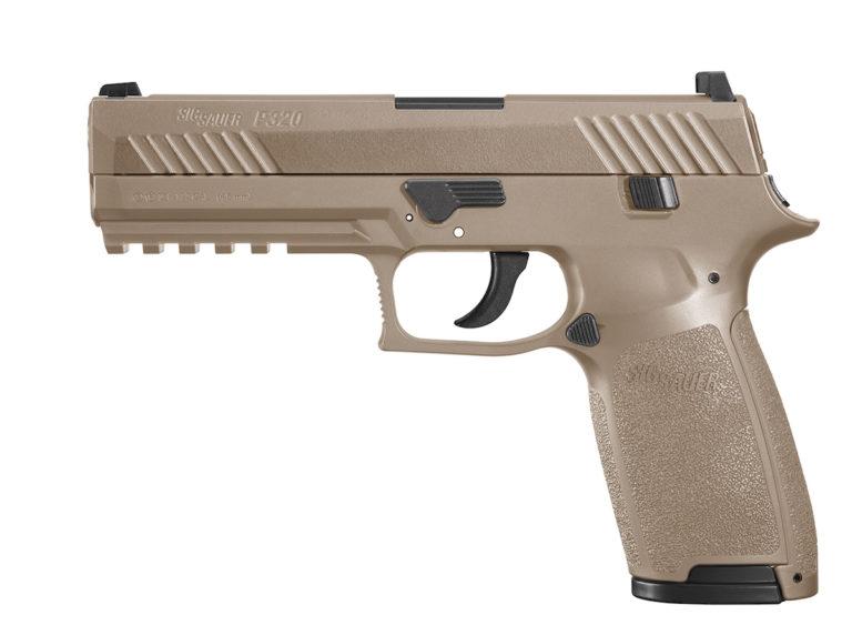 Tan semi-automatic handgun on white background