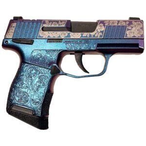 Engraved blue and purple semi-automatic pistol