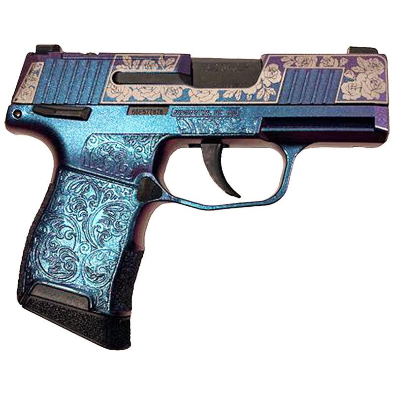 Engraved blue and purple semi-automatic pistol
