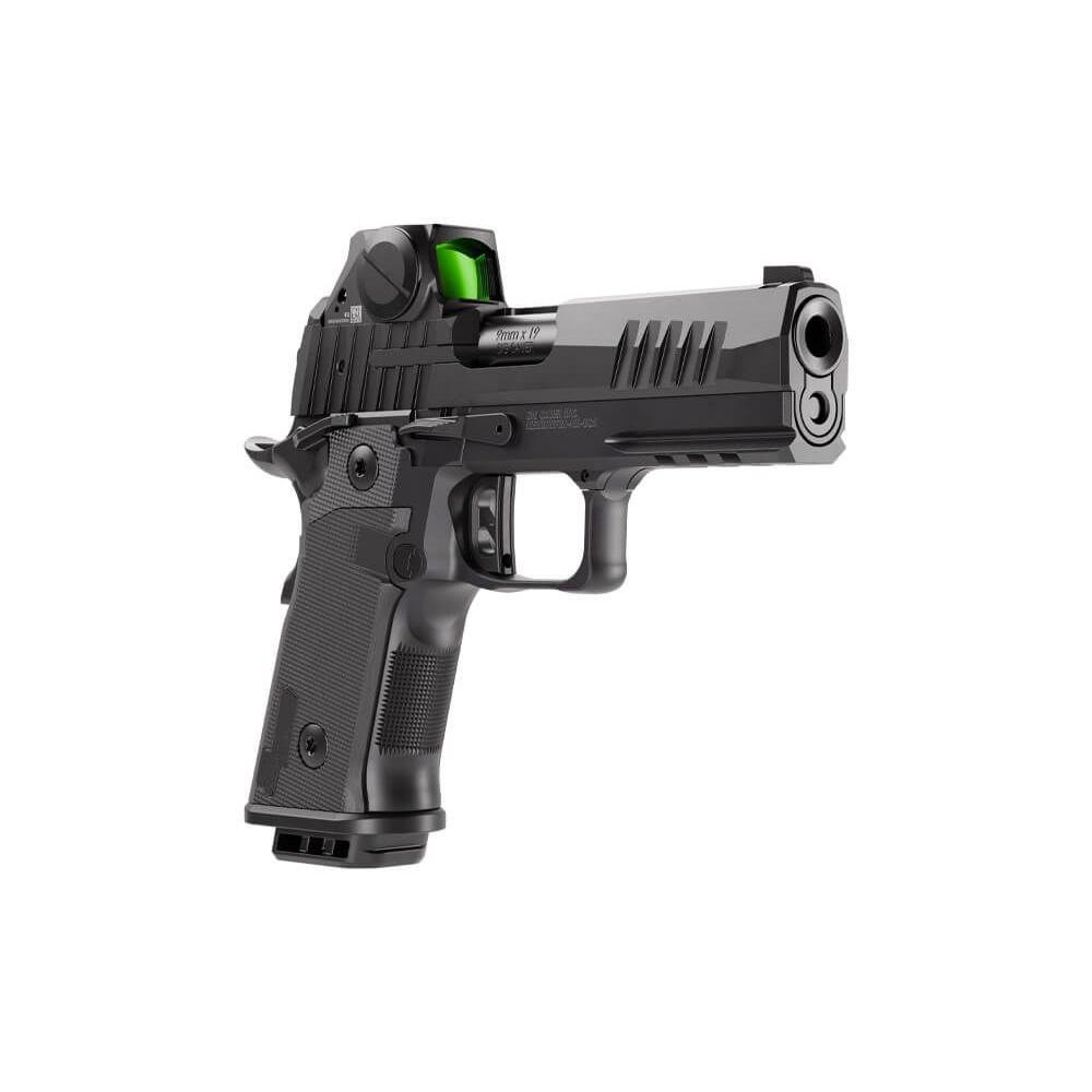Black semi-automatic handgun with mounted optic sight