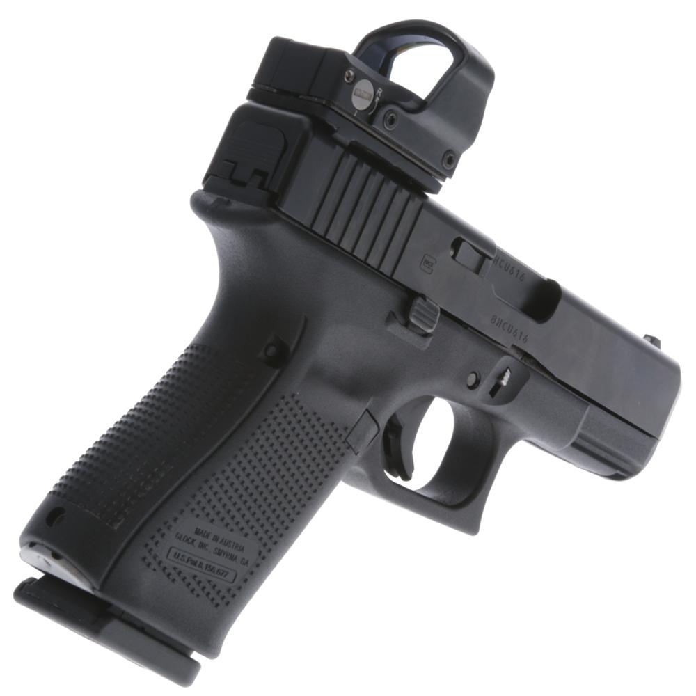 Black semi-automatic pistol with mounted red dot sight