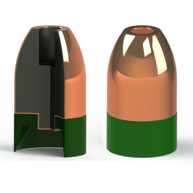 Copper bullet with green base and cutaway view