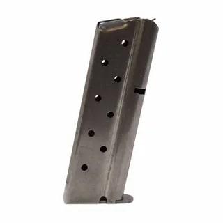 Metal pistol magazine on white background