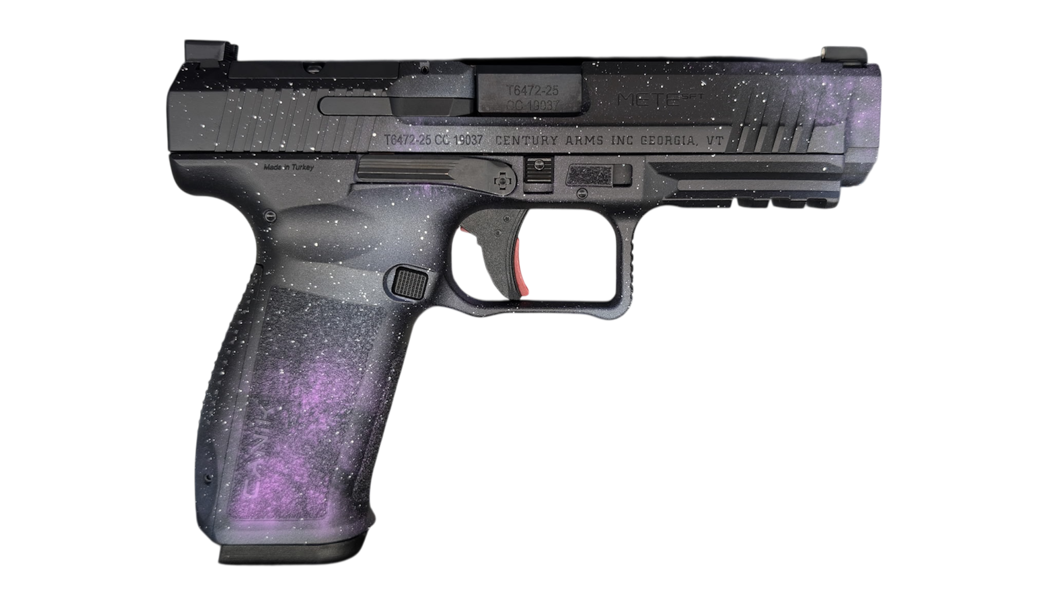 Galaxy-themed black semi-automatic pistol