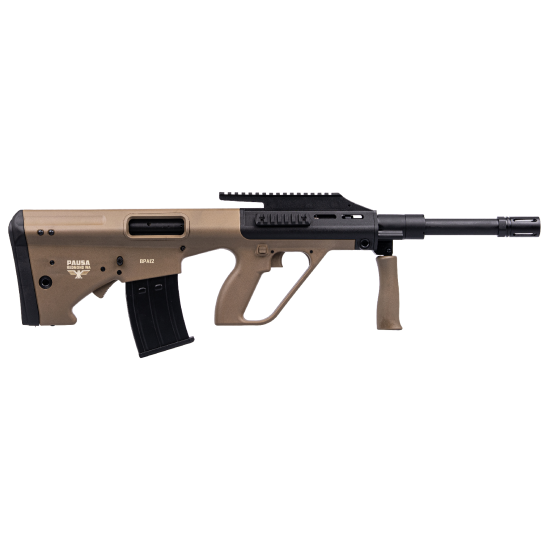 Tan and black bullpup-style rifle on white background