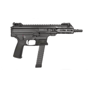 Compact black submachine gun with extended magazine