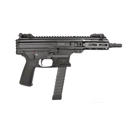Compact black submachine gun with extended magazine