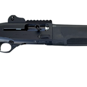 Black tactical semi-automatic shotgun on white background
