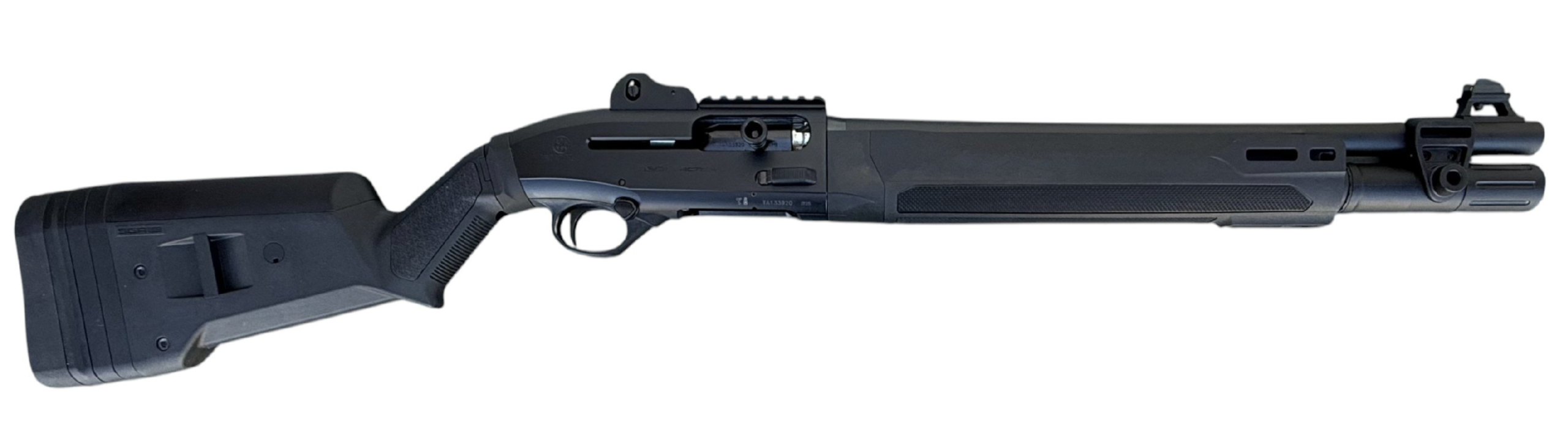 Black tactical semi-automatic shotgun on white background