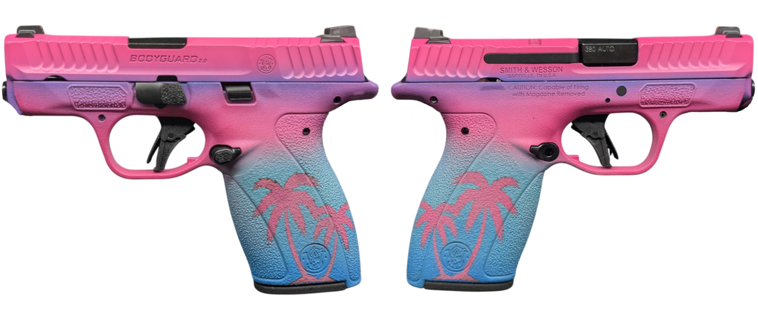 Pink and blue handgun with palm tree design