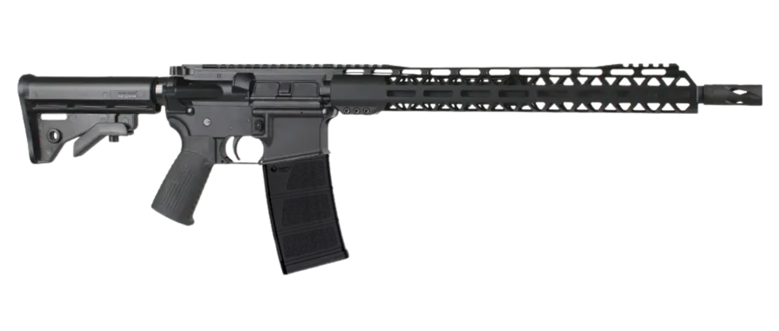 Black AR-15 style semi-automatic rifle