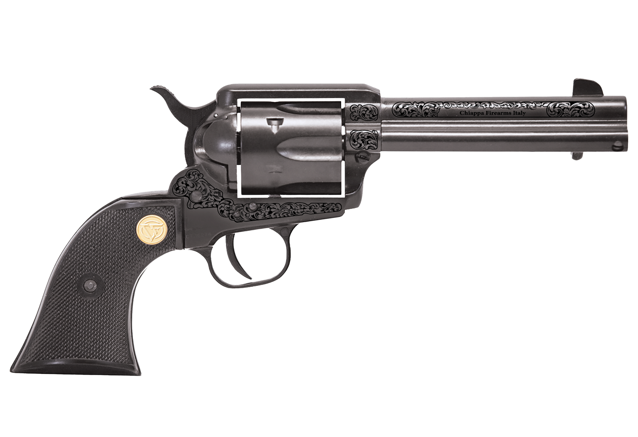 Engraved black revolver with long barrel