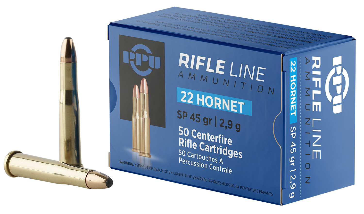 Box of .22 Hornet rifle ammunition cartridges