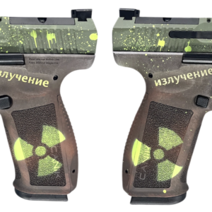 Customized handgun with green splatter and radiation symbol