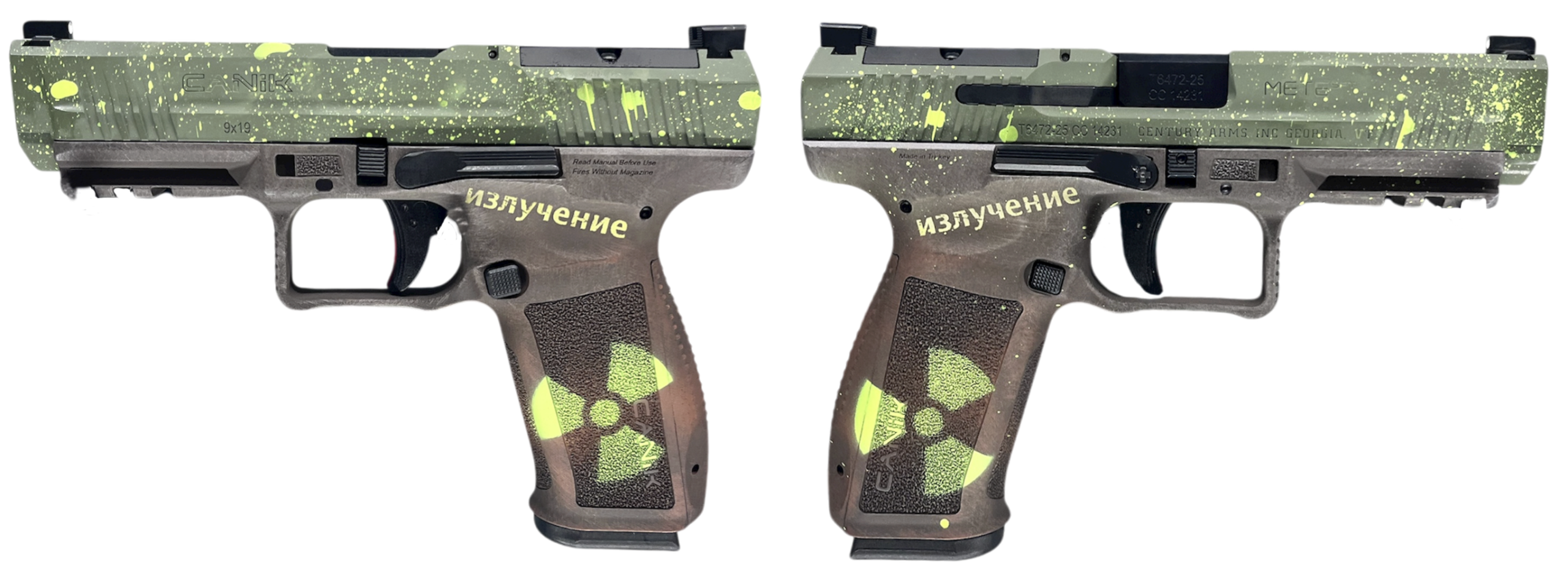Customized handgun with green splatter and radiation symbol
