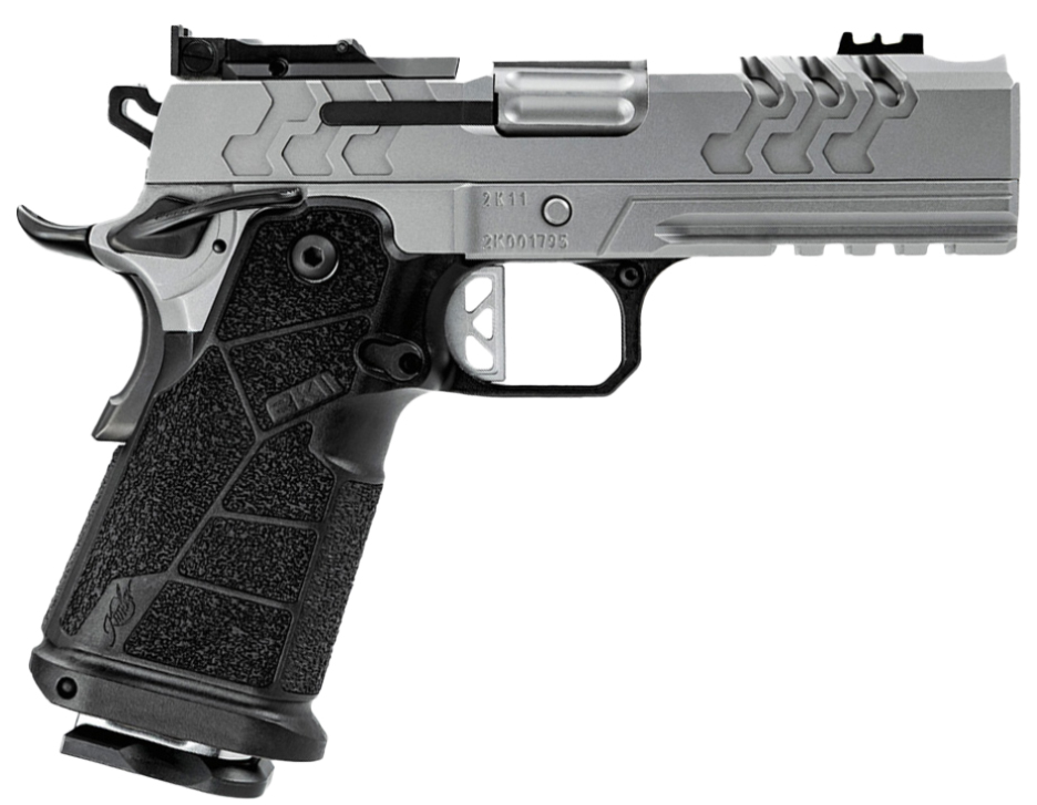 Modern semi-automatic handgun on white background