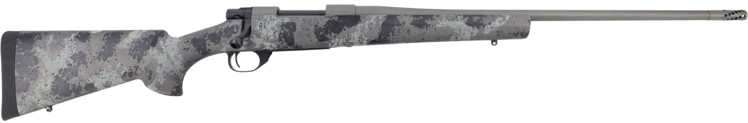 Camouflage bolt-action rifle on white background