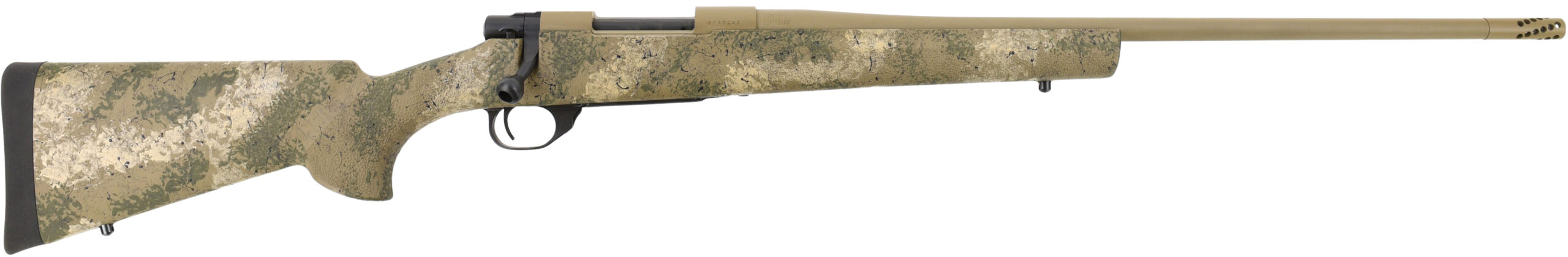 Camouflage bolt-action rifle on white background