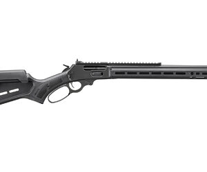 Modern black lever-action rifle on white background
