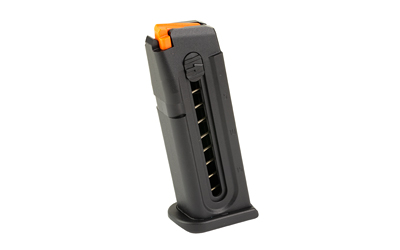 Black handgun magazine with orange follower