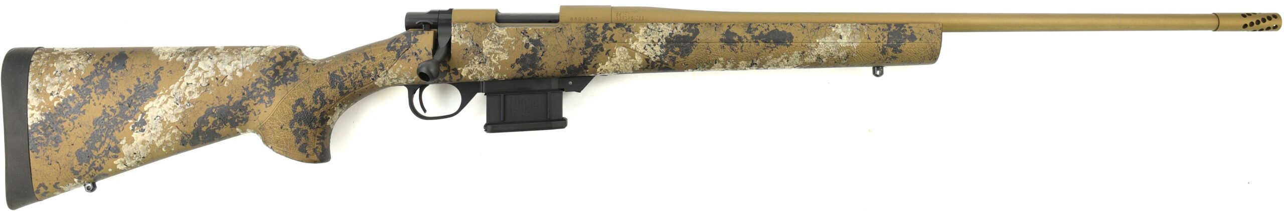 Camouflage bolt-action rifle on white background