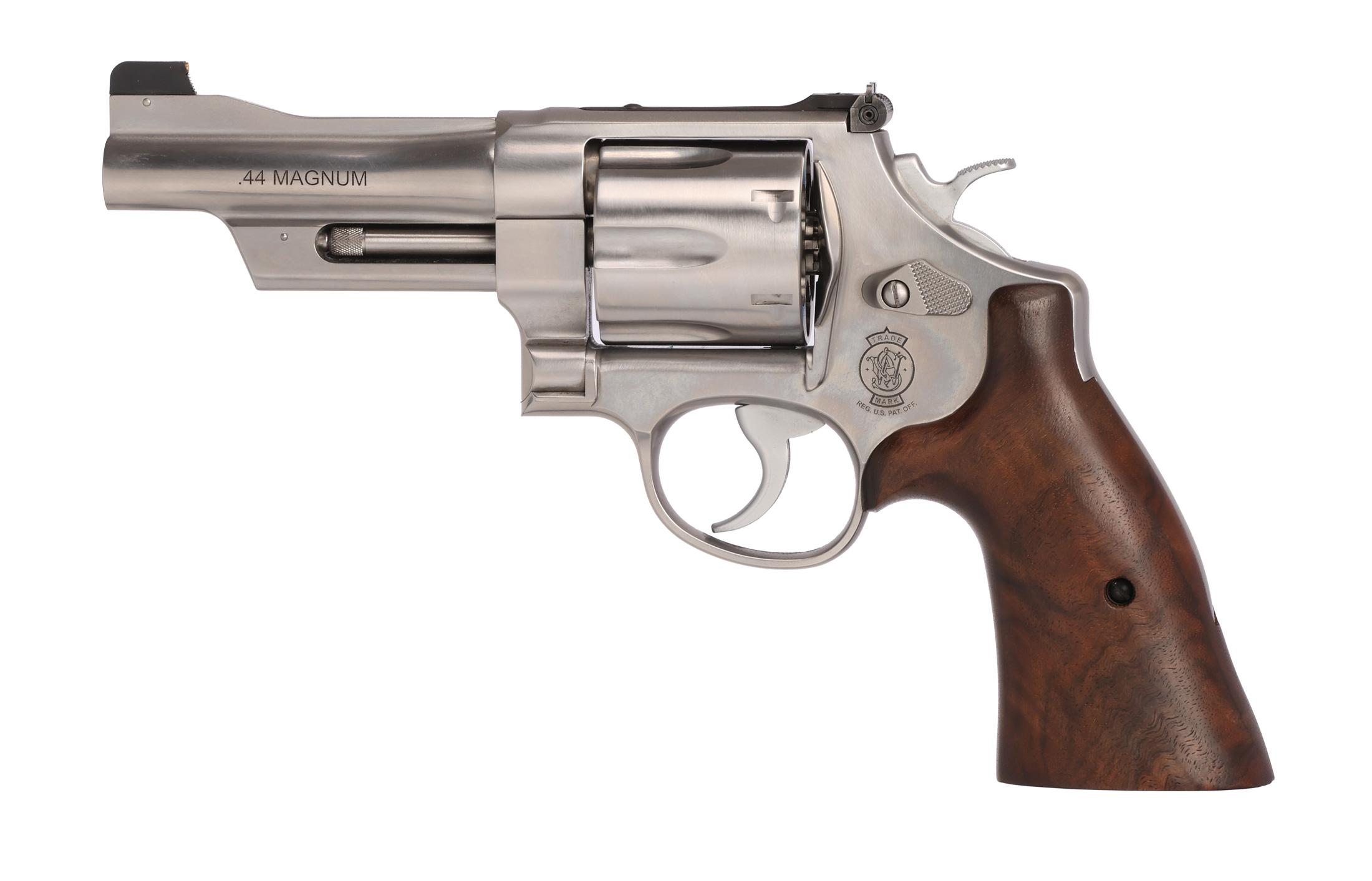 Stainless steel .44 Magnum revolver with wooden grip