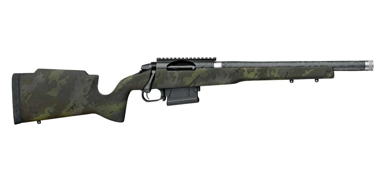 Camouflaged bolt-action rifle on white background