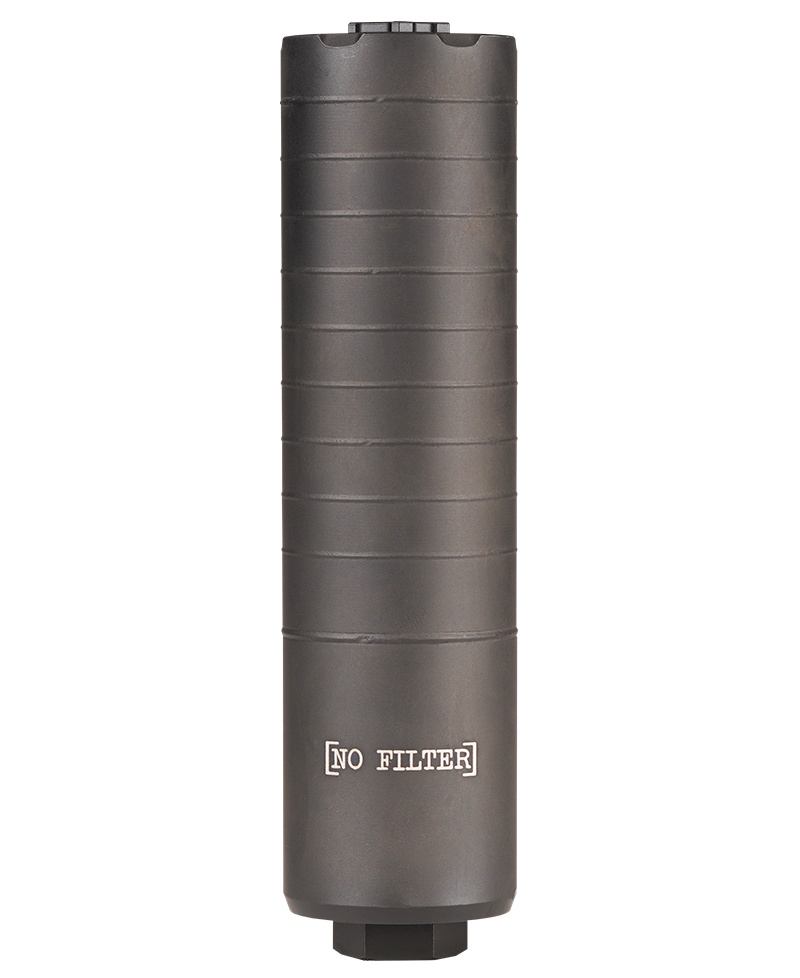Black cylindrical metal suppressor with ridged design