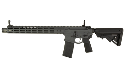 Black semi-automatic rifle on white background