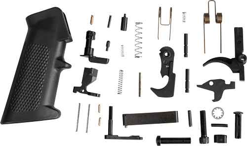 Disassembled firearm lower parts and pistol grip