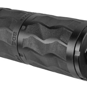 Black cylindrical firearm suppressor on white background