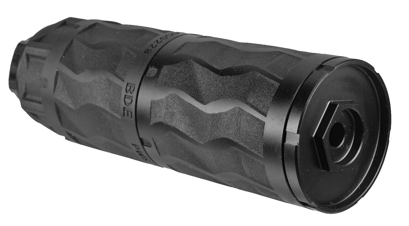 Black cylindrical firearm suppressor on white background