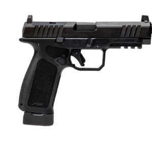 Black semi-automatic pistol with threaded barrel