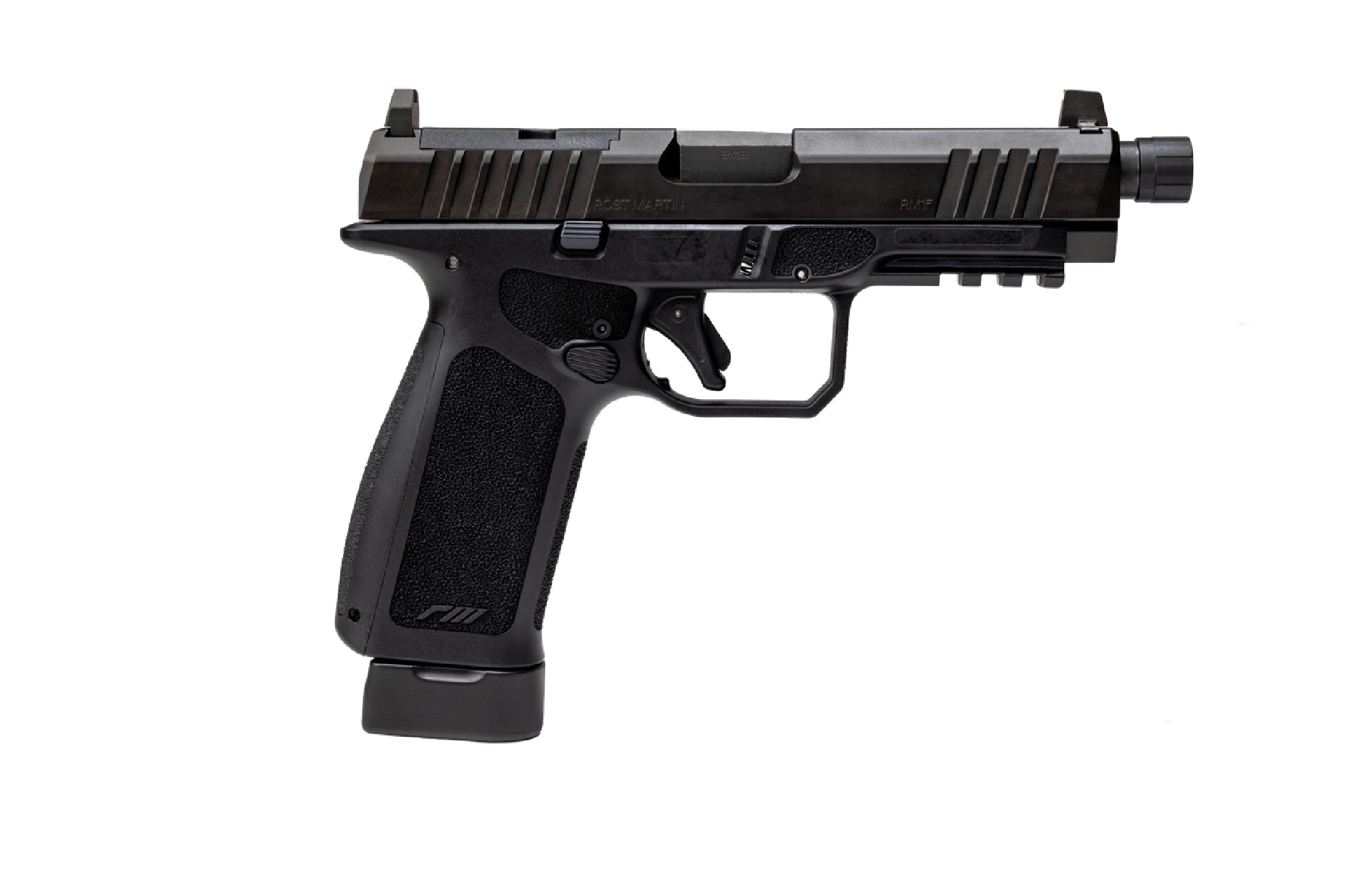 Black semi-automatic pistol with threaded barrel