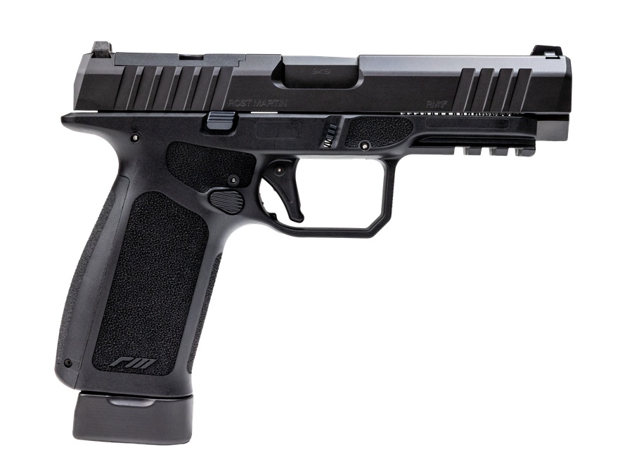 Black semi-automatic pistol on white background