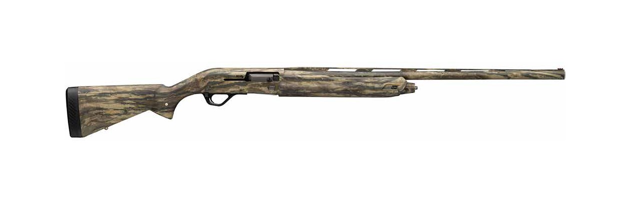 Camouflage-pattern semi-automatic shotgun on white background