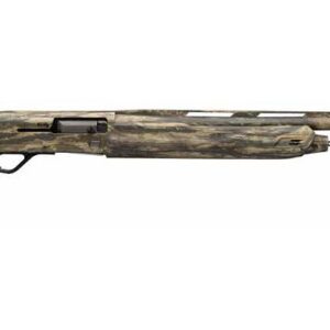 Camouflage-patterned shotgun on white background