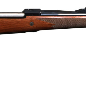 Bolt-action rifle with wooden stock on white background