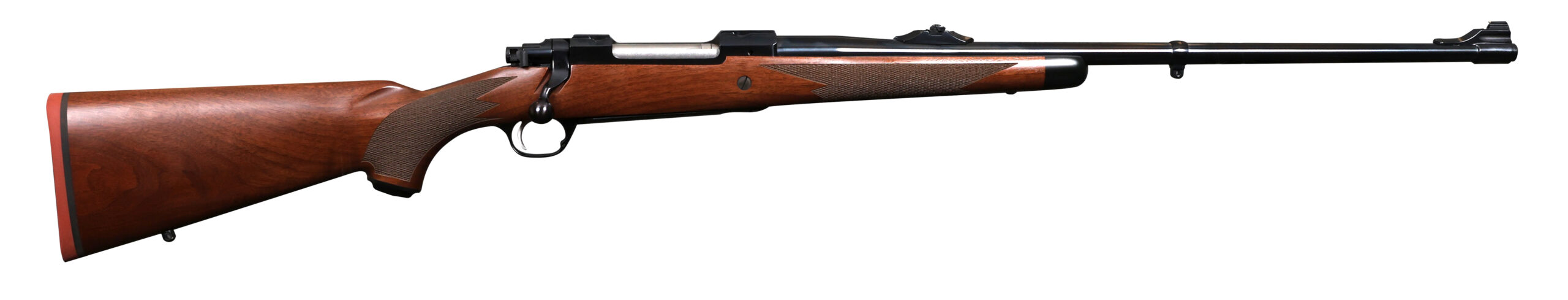 Bolt-action rifle with wooden stock on white background