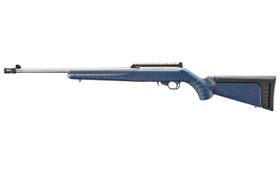 Blue bolt-action rifle with scope rail