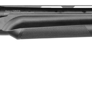 Black pump-action shotgun on white background