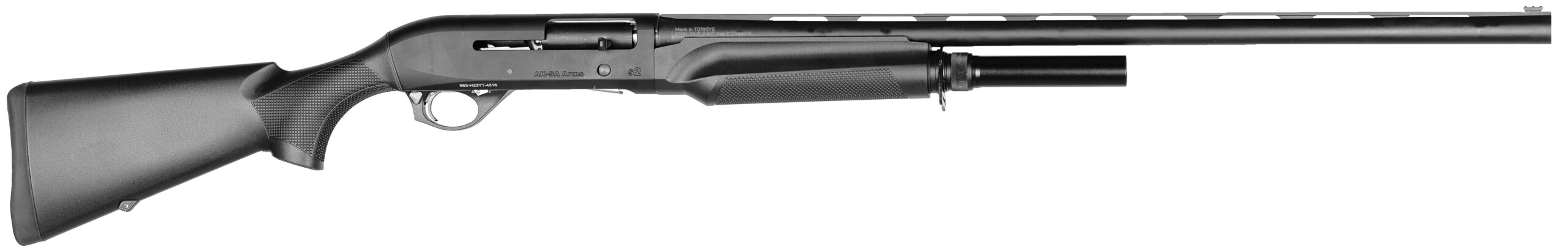 Black pump-action shotgun on white background