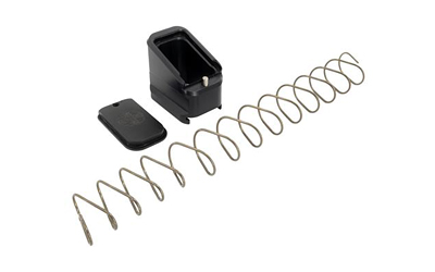 Disassembled handgun magazine with spring and baseplate