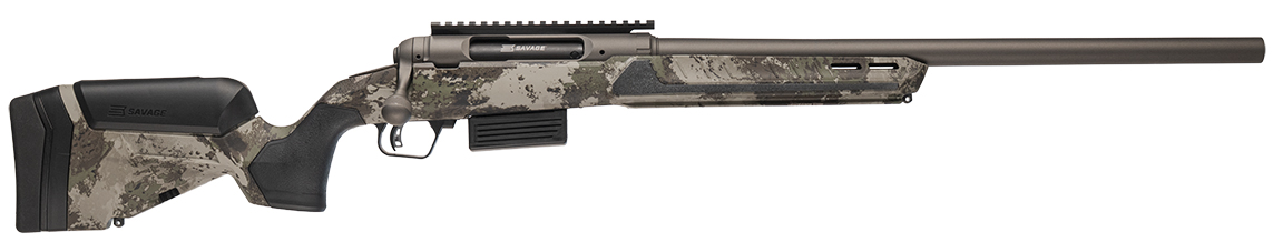 Camouflage bolt-action rifle with long barrel